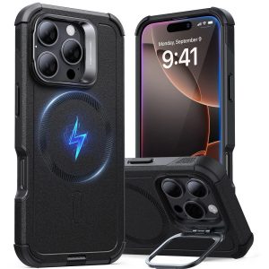 Apple iPhone 16 Pro, Műanyag hátlap védőtok, szilikon belső, közepesen ütésálló, légpárnás sarok, kitámasztóval, Magsafe kompatibilis, ESR Cyber Tough Stash Stand HaloLock, fekete