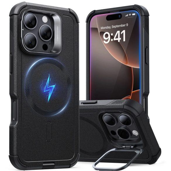 Apple iPhone 16 Pro, Műanyag hátlap védőtok, szilikon belső, közepesen ütésálló, légpárnás sarok, kitámasztóval, Magsafe kompatibilis, ESR Cyber Tough Stash Stand HaloLock, fekete