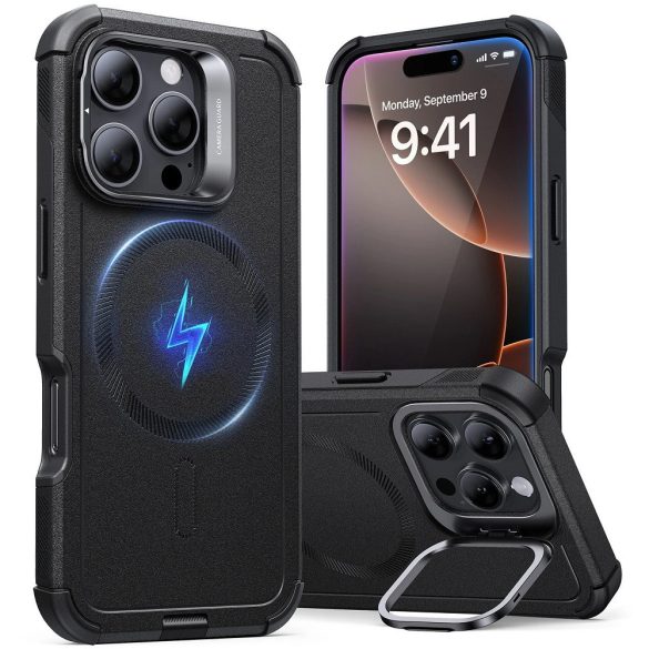 Apple iPhone 16 Pro Max, Műanyag hátlap védőtok, szilikon belső, közepesen ütésálló, légpárnás sarok, kitámasztóval, Magsafe kompatibilis, ESR Cyber Tough Stash Stand HaloLock, fekete