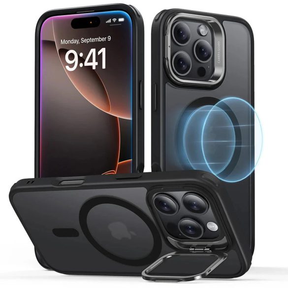 Apple iPhone 16 Pro, Szilikon tok, közepesen ütésálló, légpárnás sarok, kitámasztóval, Magsafe kompatibilis, ESR Classic Hybrid Stash Stand HaloLock, áttetsző/fekete