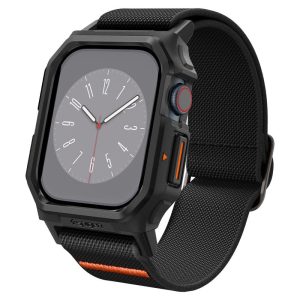 Apple Watch 10 (42 mm), textíl pótszíj, szilikon keret, közepesen ütésálló, Spigen Lite Fite Pro, fekete