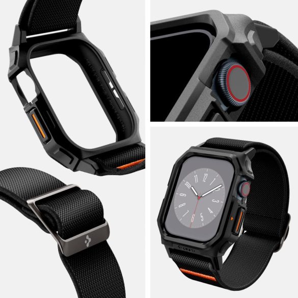 Apple Watch 10 (42 mm), textíl pótszíj, szilikon keret, közepesen ütésálló, Spigen Lite Fite Pro, fekete