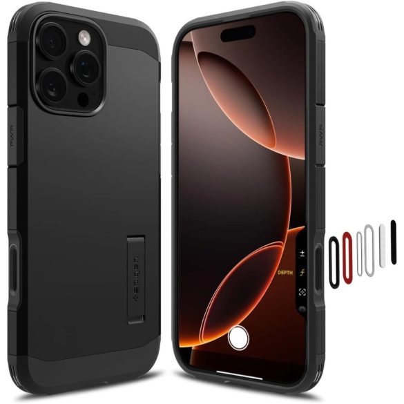 Apple iPhone 16 Pro, Szilikon tok + műanyag hátlap, Magsafe töltővel kompatibilis, kitámasztóval, érintő funkciós gombfedéllel, Spigen Tough Armor "T" Mag, fekete