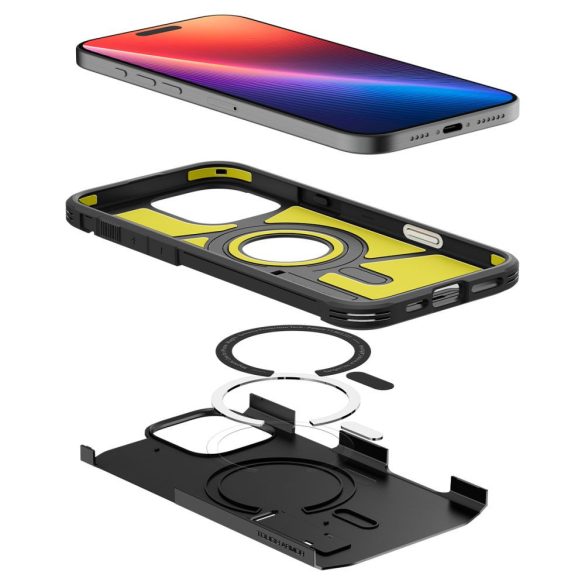 Apple iPhone 16 Pro, Szilikon tok + műanyag hátlap, Magsafe töltővel kompatibilis, kitámasztóval, érintő funkciós gombfedéllel, Spigen Tough Armor "T" Mag, fekete