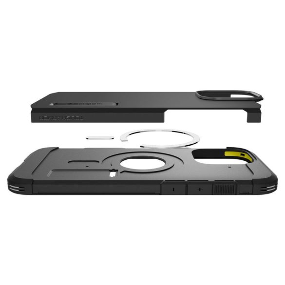 Apple iPhone 16 Pro, Szilikon tok + műanyag hátlap, Magsafe töltővel kompatibilis, kitámasztóval, érintő funkciós gombfedéllel, Spigen Tough Armor "T" Mag, fekete