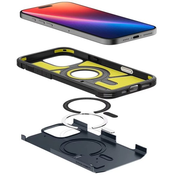 Apple iPhone 16 Pro Max, Szilikon tok + műanyag hátlap, Magsafe töltővel kompatibilis, kitámasztóval, érintő funkciós gombfedéllel, Spigen Tough Armor "T" Mag, sötétkék