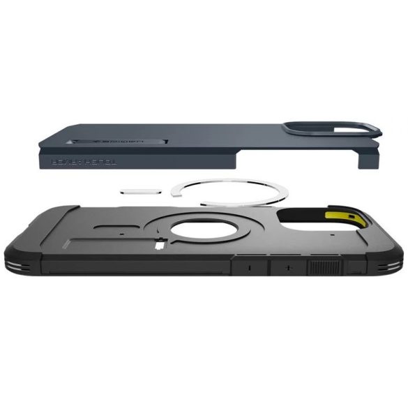 Apple iPhone 16 Pro Max, Szilikon tok + műanyag hátlap, Magsafe töltővel kompatibilis, kitámasztóval, érintő funkciós gombfedéllel, Spigen Tough Armor "T" Mag, sötétkék