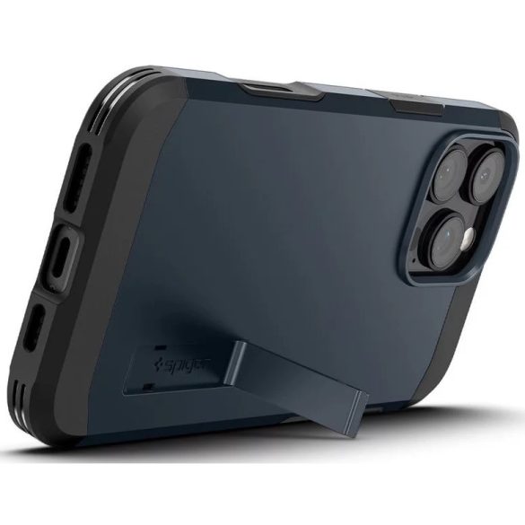 Apple iPhone 16 Pro Max, Szilikon tok + műanyag hátlap, Magsafe töltővel kompatibilis, kitámasztóval, érintő funkciós gombfedéllel, Spigen Tough Armor "T" Mag, sötétkék