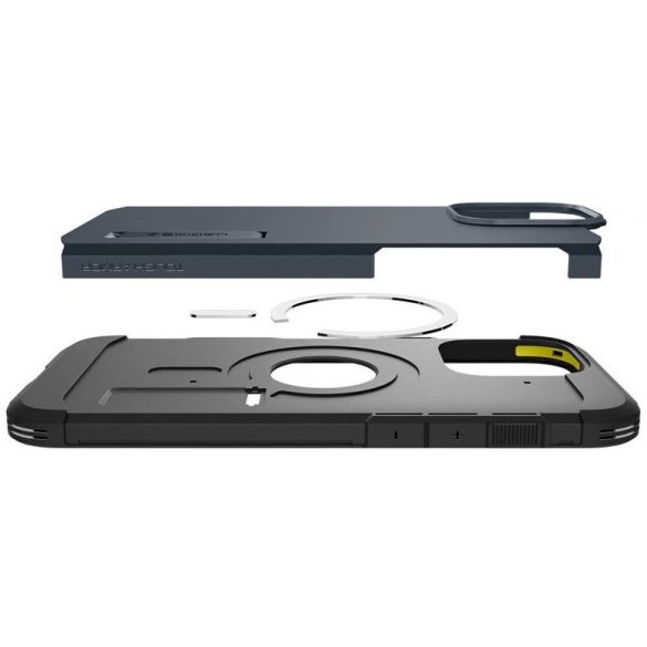 Apple iPhone 16 Pro, Szilikon tok + műanyag hátlap, Magsafe töltővel kompatibilis, kitámasztóval, érintő funkciós gombfedéllel, Spigen Tough Armor "T" Mag, sötétkék