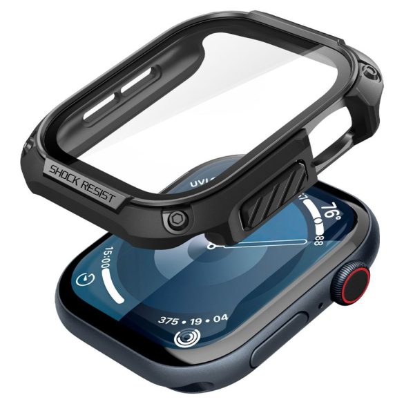 Apple Watch 10 (46 mm), Műanyag védőkeret, kijelzővédő üveggel, szíj nélkül, közepesen ütésálló, Spigen Tough Armor, fekete