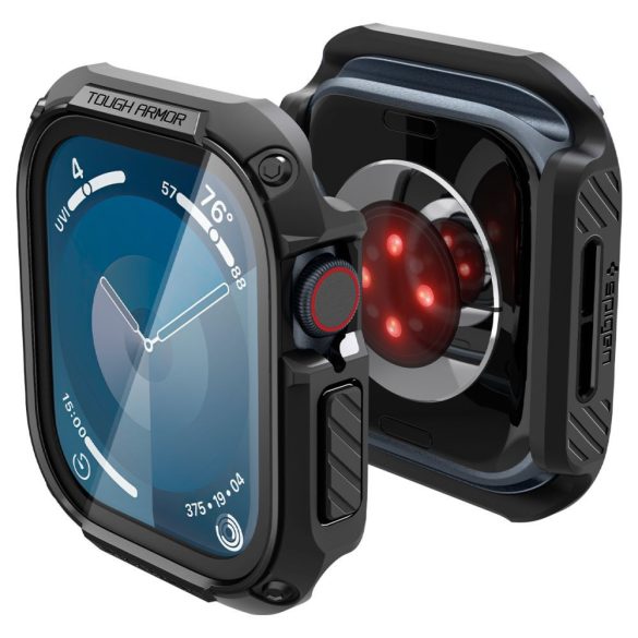 Apple Watch 10 (46 mm), Műanyag védőkeret, kijelzővédő üveggel, szíj nélkül, közepesen ütésálló, Spigen Tough Armor, fekete