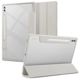 Samsung Galaxy Tab S9 Ultra 14.6 / Tab S10 Ultra 14.6 SM-X910 / X916B / X920 / X926B, mappa tok, légpárnás sarok, közepesen ütésálló, érintőceruza tartóval, Trifold, Spigen Ultra Hybrid Pro, átlátszó/szürke