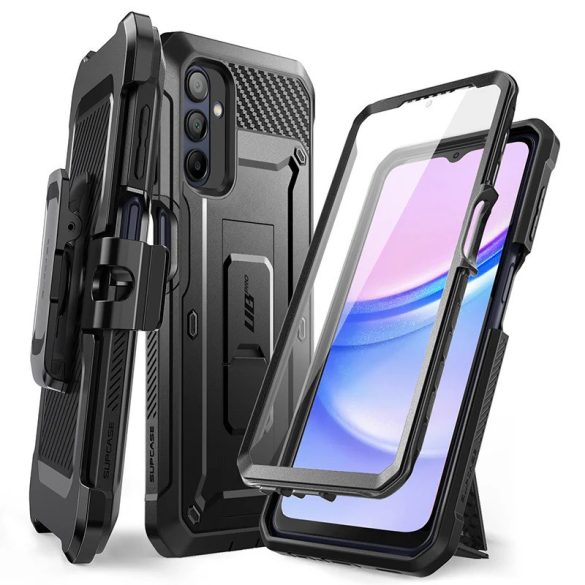 Samsung Galaxy A16 4G / A16 5G SM-A165F / A166B, Műanyag hátlap védőtok + képernyővédő, közepesen ütésálló, telefontartó gyűrű, kitámasztóval, övre fűzhető, SupCase Unicorn Beetle Pro, fekete