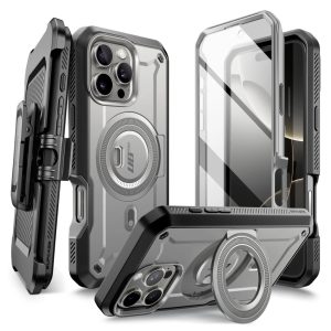 Apple iPhone 16 Pro, Műanyag hátlap védőtok + képernyővédő, közepesen ütésálló, telefontartó gyűrű, kitámasztóval, övre fűzhető, Magsafe töltővel kompatibilis, SupCase Unicorn Beetle Pro Mag, szürke