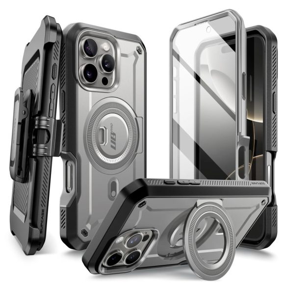 Apple iPhone 16 Pro, Műanyag hátlap védőtok + képernyővédő, közepesen ütésálló, telefontartó gyűrű, kitámasztóval, övre fűzhető, Magsafe töltővel kompatibilis, SupCase Unicorn Beetle Pro Mag, szürke