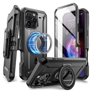 Apple iPhone 16 Pro, Műanyag hátlap védőtok + képernyővédő, közepesen ütésálló, telefontartó gyűrű, kitámasztóval, övre fűzhető, Magsafe töltővel kompatibilis, SupCase Unicorn Beetle Pro Mag, fekete