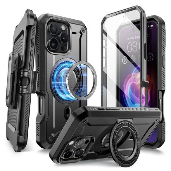 Apple iPhone 16 Pro, Műanyag hátlap védőtok + képernyővédő, közepesen ütésálló, telefontartó gyűrű, kitámasztóval, övre fűzhető, Magsafe töltővel kompatibilis, SupCase Unicorn Beetle Pro Mag, fekete