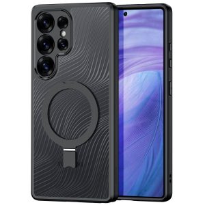 Samsung Galaxy S25 Ultra SM-S938, Műanyag hátlap védőtok + szilikon keret, kitámasztóval, ujjtámasz, Magsafe töltővel kompatibilis, hullám minta, Dux Ducis Aimo Mag Folding, áttetsző/fekete