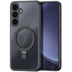 Samsung Galaxy S25 SM-S931, Műanyag hátlap védőtok + szilikon keret, kitámasztóval, ujjtámasz, Magsafe töltővel kompatibilis, hullám minta, Dux Ducis Aimo Mag Folding, áttetsző/fekete