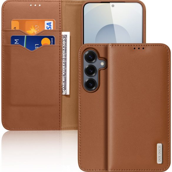 Samsung Galaxy S25 SM-S931, Oldalra nyíló tok, valódi bőrtok, stand, Dux Ducis Hivo, barna