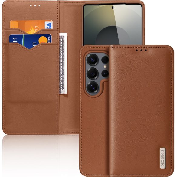 Samsung Galaxy S25 Ultra SM-S938, Oldalra nyíló tok, valódi bőrtok, stand, Dux Ducis Hivo, barna