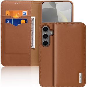Samsung Galaxy S25 Plus SM-S936, Oldalra nyíló tok, valódi bőrtok, stand, Dux Ducis Hivo, barna