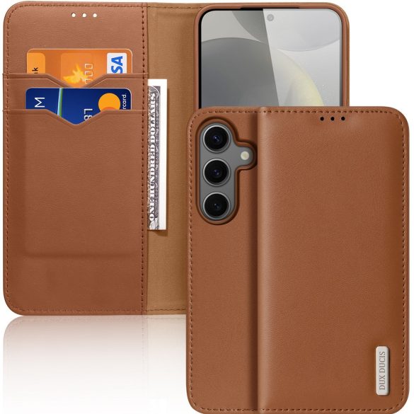 Samsung Galaxy S25 Plus SM-S936, Oldalra nyíló tok, valódi bőrtok, stand, Dux Ducis Hivo, barna
