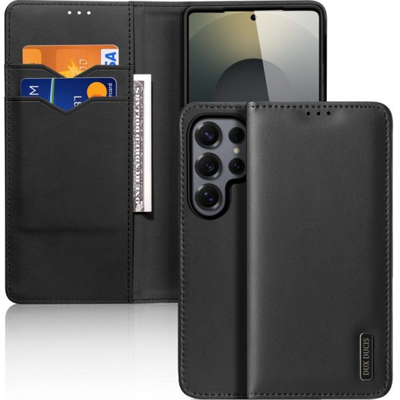 Samsung Galaxy S25 Ultra SM-S938, Oldalra nyíló tok, valódi bőrtok, stand, Dux Ducis Hivo, fekete