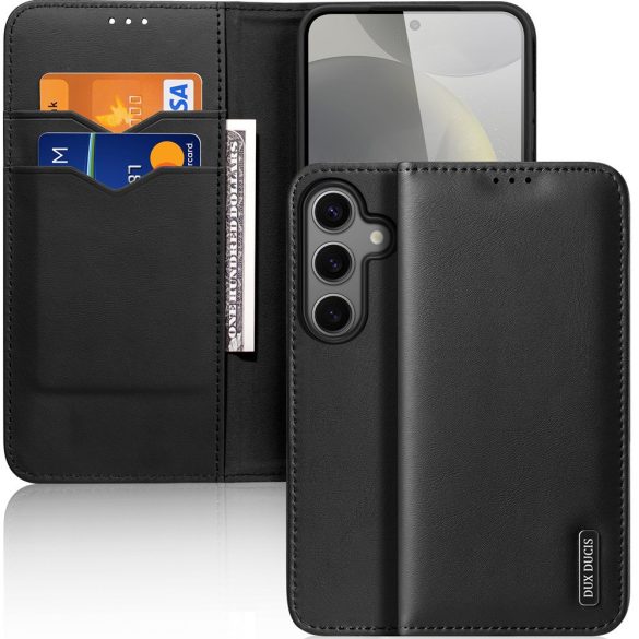 Samsung Galaxy S25 Plus SM-S936, Oldalra nyíló tok, valódi bőrtok, stand, Dux Ducis Hivo, fekete
