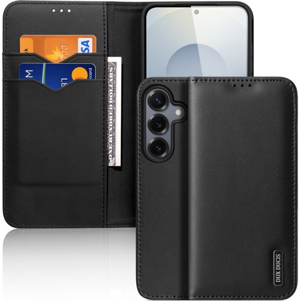 Samsung Galaxy S25 SM-S931, Oldalra nyíló tok, valódi bőrtok, stand, Dux Ducis Hivo, fekete