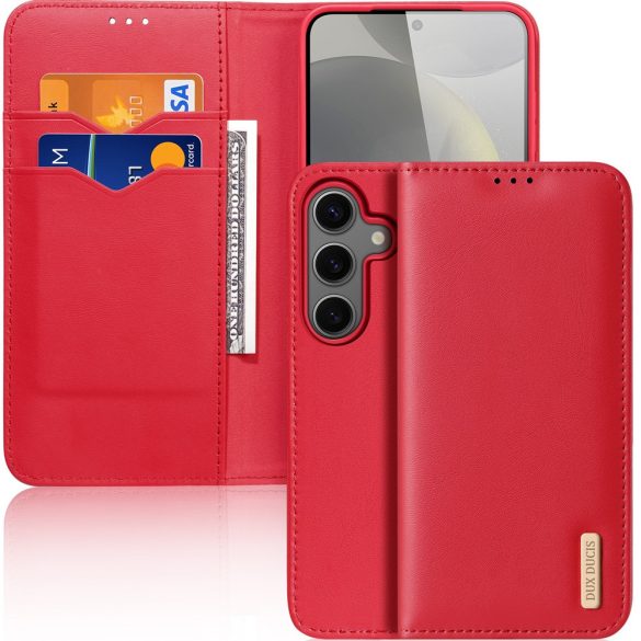 Samsung Galaxy S25 Plus SM-S936, Oldalra nyíló tok, valódi bőrtok, stand, Dux Ducis Hivo, piros