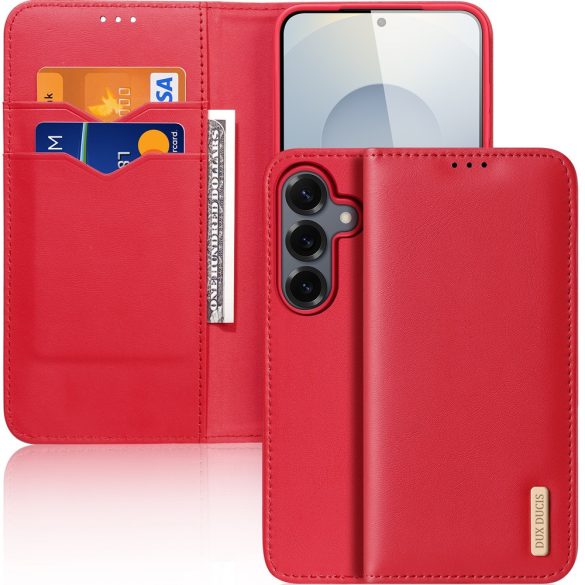 Samsung Galaxy S25 SM-S931, Oldalra nyíló tok, valódi bőrtok, stand, Dux Ducis Hivo, piros