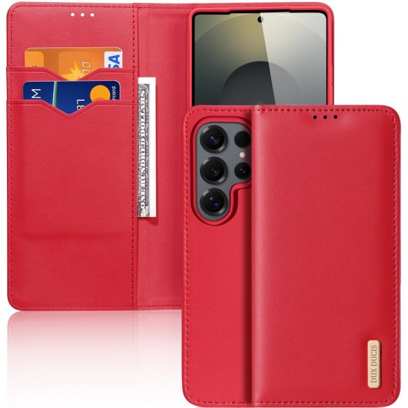 Samsung Galaxy S25 Ultra SM-S938, Oldalra nyíló tok, valódi bőrtok, stand, Dux Ducis Hivo, piros
