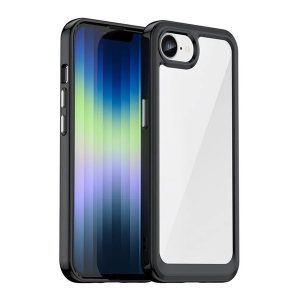 Apple iPhone 16e, Műanyag hátlap védőtok + szilikon keret, közepesen ütésálló, átlátszó hátlap, fekete
