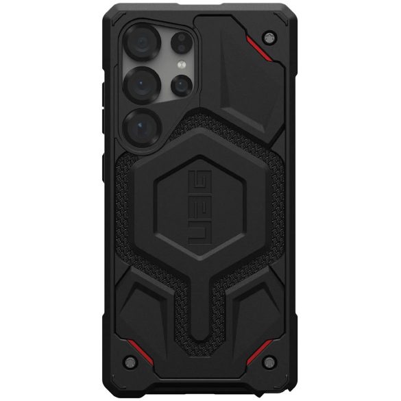 Samsung Galaxy S25 Ultra SM-S938, Műanyag hátlap védőtok, szilikon belső, közepesen ütésálló, mágneses, textil minta, kevlár borítás, UAG Monarch Pro Kevlar, mintás/fekete