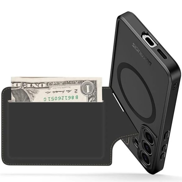 Samsung Galaxy S25 SM-S931, Műanyag hátlap védőtok + szilikon keret, stand, bőrrel bevont hátlap, kártyatartóval, Magsafe kompatibilis, Dux Ducis Rafi II Mag, fekete