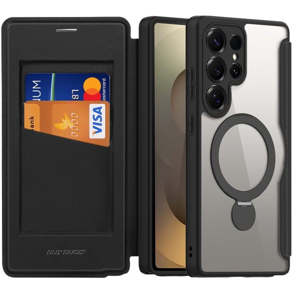 Samsung Galaxy S25 Ultra SM-S938, Oldalra nyíló tok, stand, közepesen ütésálló, kitámasztóval, RFID technológiával, Magsafe kompatibilis, Dux Ducis Skin X Pro Ring Stand Magsafe, fekete