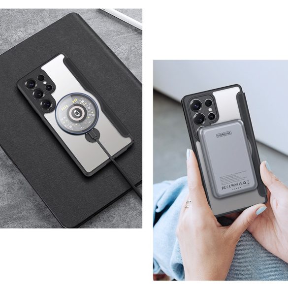 Samsung Galaxy S25 Ultra SM-S938, Oldalra nyíló tok, stand, közepesen ütésálló, kitámasztóval, RFID technológiával, Magsafe kompatibilis, Dux Ducis Skin X Pro Ring Stand Magsafe, fekete