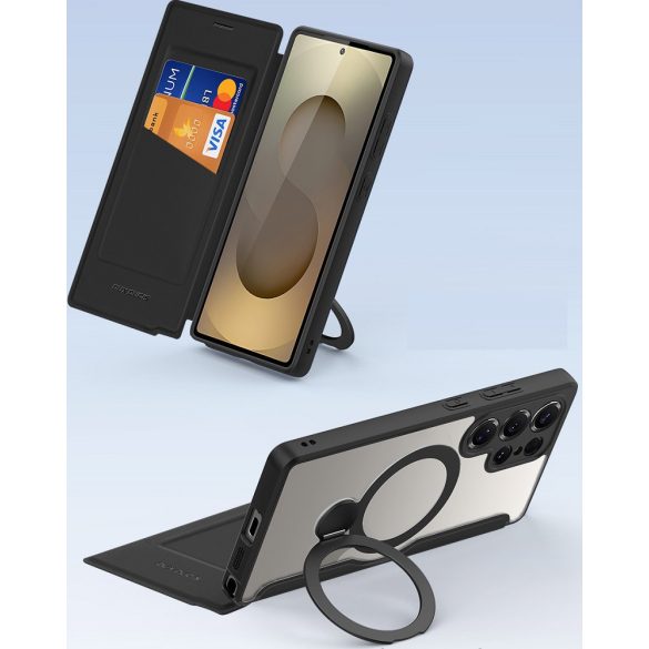 Samsung Galaxy S25 Ultra SM-S938, Oldalra nyíló tok, stand, közepesen ütésálló, kitámasztóval, RFID technológiával, Magsafe kompatibilis, Dux Ducis Skin X Pro Ring Stand Magsafe, fekete