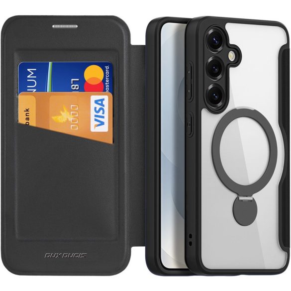 Samsung Galaxy S25 Plus SM-S936, Oldalra nyíló tok, stand, közepesen ütésálló, kitámasztóval, RFID technológiával, Magsafe kompatibilis, Dux Ducis Skin X Pro Ring Stand Magsafe, fekete