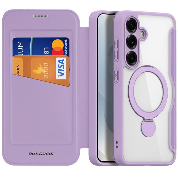 Samsung Galaxy S25 Plus SM-S936, Oldalra nyíló tok, stand, közepesen ütésálló, kitámasztóval, RFID technológiával, Magsafe kompatibilis, Dux Ducis Skin X Pro Ring Stand Magsafe, lila