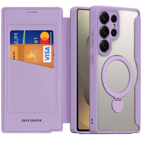 Samsung Galaxy S25 Ultra SM-S938, Oldalra nyíló tok, stand, közepesen ütésálló, kitámasztóval, RFID technológiával, Magsafe kompatibilis, Dux Ducis Skin X Pro Ring Stand Magsafe, lila