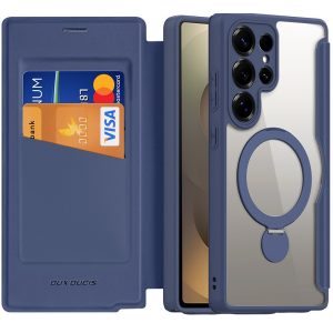 Samsung Galaxy S25 Ultra SM-S938, Oldalra nyíló tok, stand, közepesen ütésálló, kitámasztóval, RFID technológiával, Magsafe kompatibilis, Dux Ducis Skin X Pro Ring Stand Magsafe, sötétkék