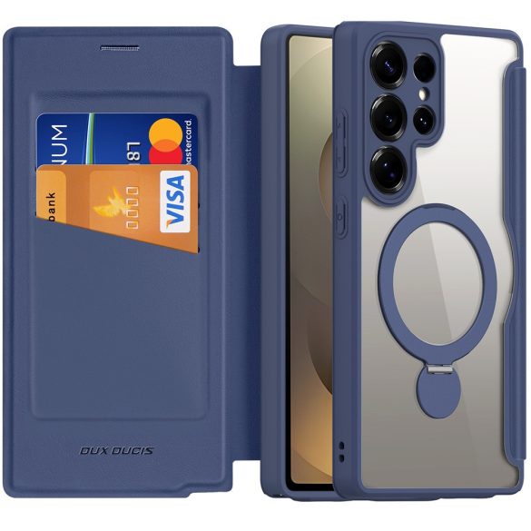 Samsung Galaxy S25 Ultra SM-S938, Oldalra nyíló tok, stand, közepesen ütésálló, kitámasztóval, RFID technológiával, Magsafe kompatibilis, Dux Ducis Skin X Pro Ring Stand Magsafe, sötétkék