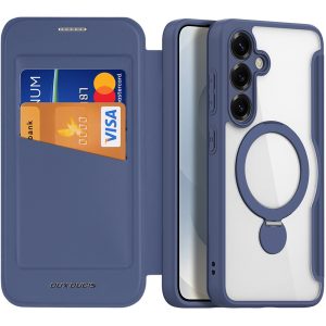 Samsung Galaxy S25 Plus SM-S936, Oldalra nyíló tok, stand, közepesen ütésálló, kitámasztóval, RFID technológiával, Magsafe kompatibilis, Dux Ducis Skin X Pro Ring Stand Magsafe, sötétkék