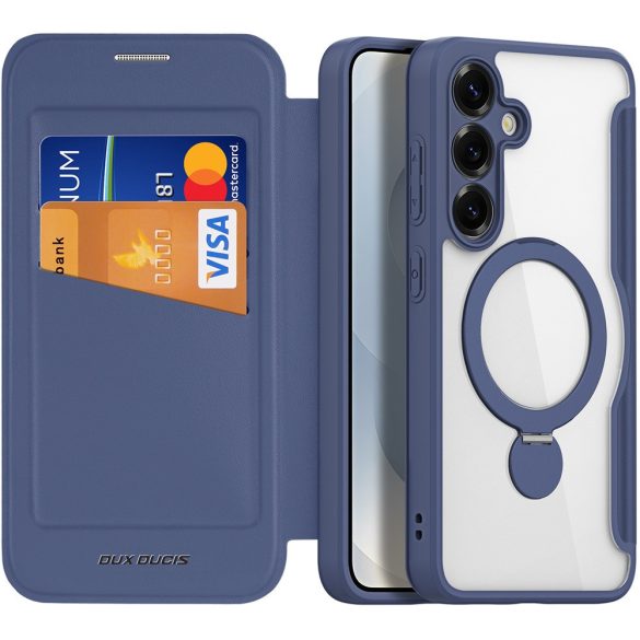 Samsung Galaxy S25 Plus SM-S936, Oldalra nyíló tok, stand, közepesen ütésálló, kitámasztóval, RFID technológiával, Magsafe kompatibilis, Dux Ducis Skin X Pro Ring Stand Magsafe, sötétkék