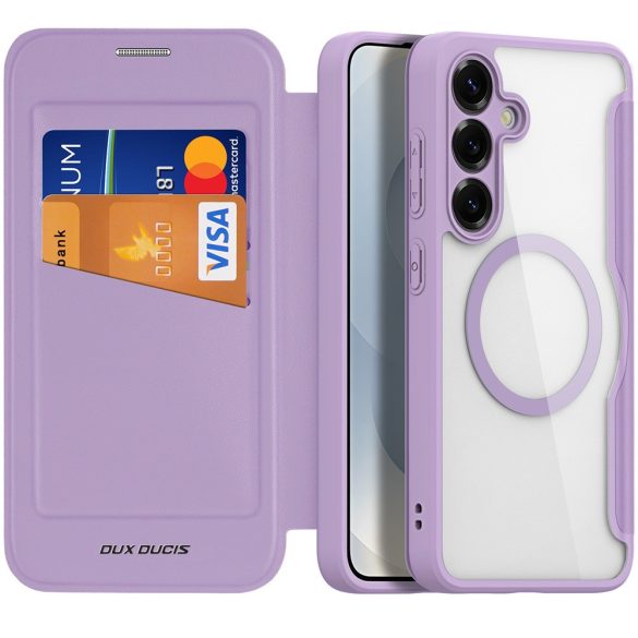 Samsung Galaxy S25 SM-S931, Oldalra nyíló tok, stand, közepesen ütésálló, Magsafe kompatibilis, Dux Ducis Skin Pro Magsafe, lila