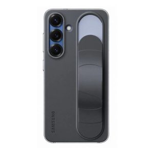 Samsung Galaxy S25 SM-S931, Szilikon tok, matt, kitámasztóval, beépített szíj, Standing Grip, fekete, gyári