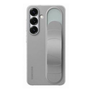 Samsung Galaxy S25 SM-S931, Szilikon tok, matt, kitámasztóval, beépített szíj, Standing Grip, világosszürke, gyári