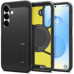 Samsung Galaxy S25 SM-S931, Szilikon tok + műanyag hátlap, Magsafe töltővel kompatibilis, kitámasztóval, Spigen Tough Armor Mag, fekete
